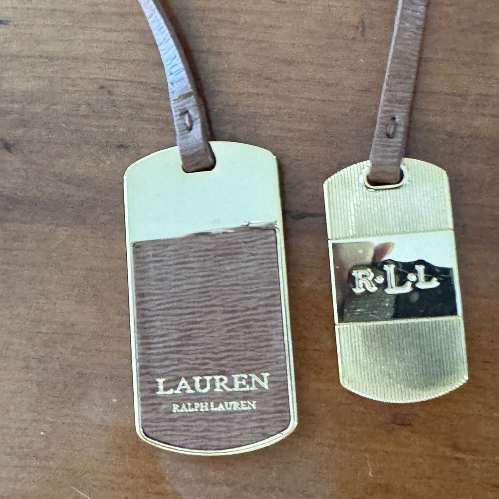 Lauren Ralph Lauren Luggage Tags Gold Brown Leather 2 Piece 
Set connected‎ EUC